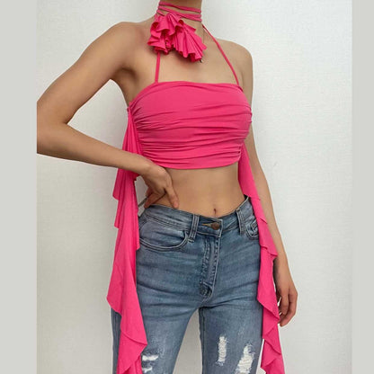 Solid halter flower applique ribbon ruched backless crop top