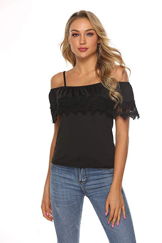 Women Cold Shoulder Shirt Guipure Lace Top Tunic Blouse S-XL