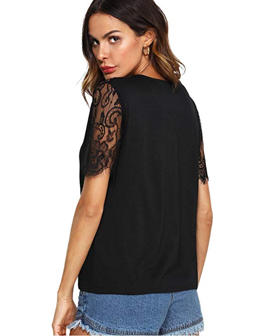 Women's Casual V Neck Lace Short Sleeve Basic Tee Tops