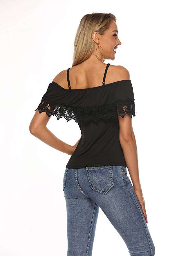 Women Cold Shoulder Shirt Guipure Lace Top Tunic Blouse S-XL