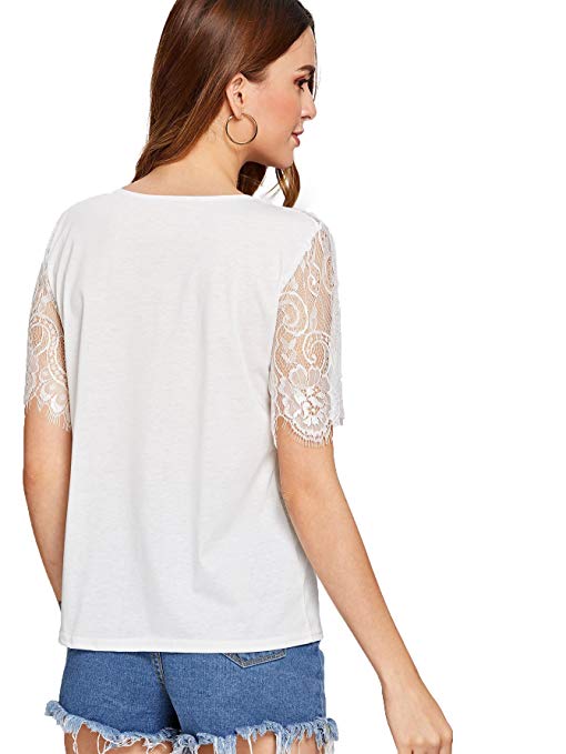 Women's Casual V Neck Lace Short Sleeve Basic Tee Tops