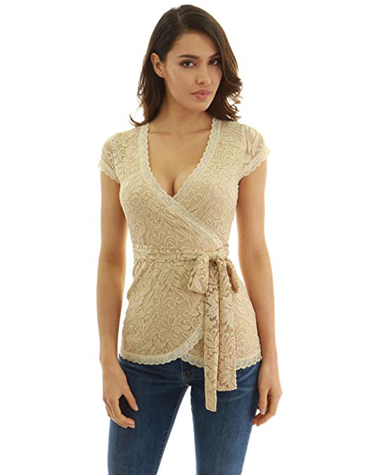 Women Floral Lace Wrap Blouse