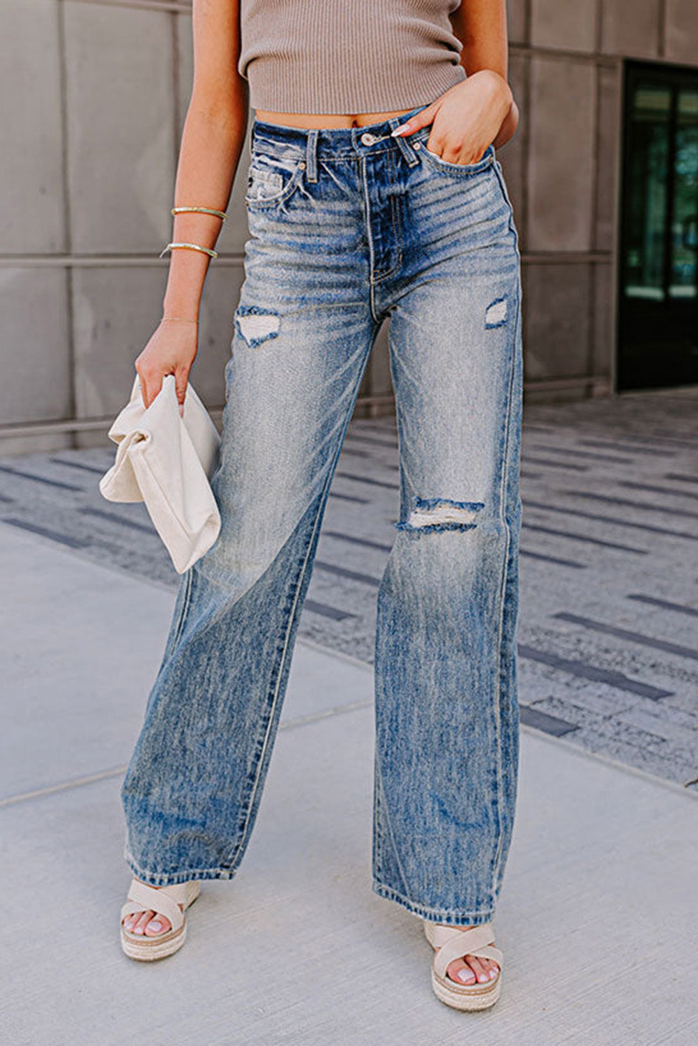 Blue High Waist Distressed Straight Leg Washed Jeans Blue 71%Cotton+27.5%Polyester+1.5%Elastane bottom clothes Craft Distressed Fabric Denim high waisted legs pants jeans Occasion Daily pants Season Spring Silhouette Wide Leg Style Casual