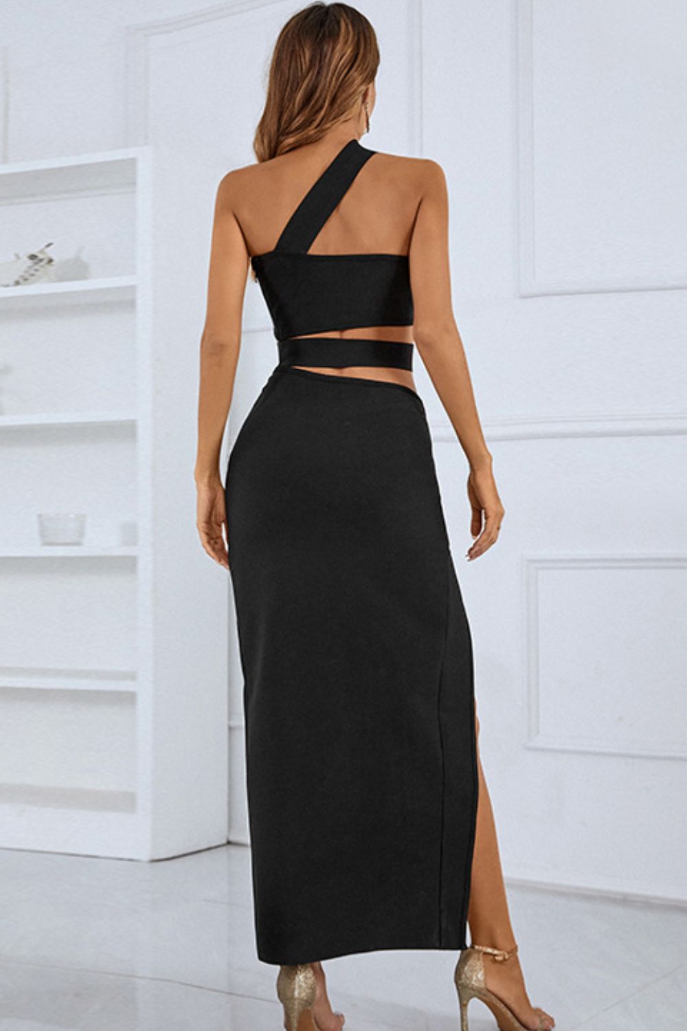 One-Shoulder Sexy Cutout Front Split Maxi Dress