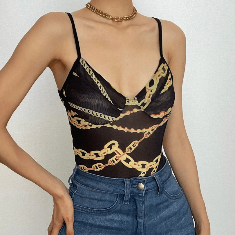 Sheer mesh see through metal chain print contrast cami bodysuit