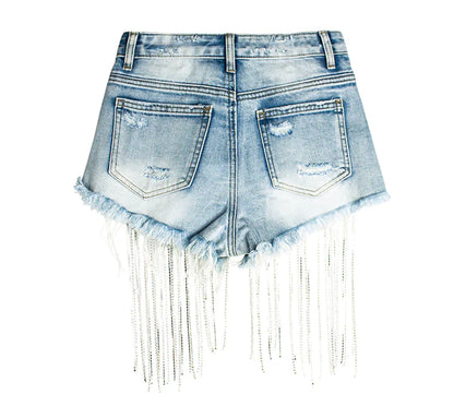 LONG TASSEL HIGH WAIST DRILL CHAIN DENIM SHORTS