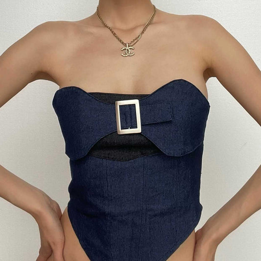 Contrast patchwork backless buckle denim tube top