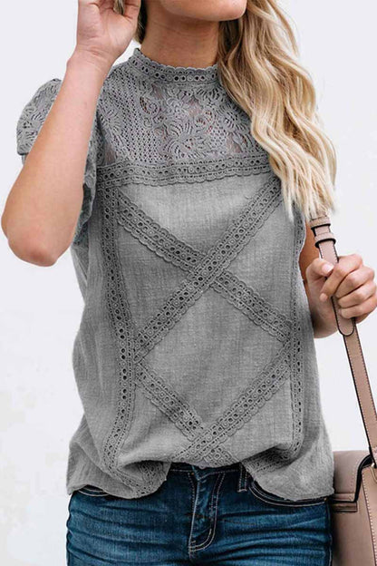 CityHottie Summer Geometric Stitching Lace Short Sleeves Tops