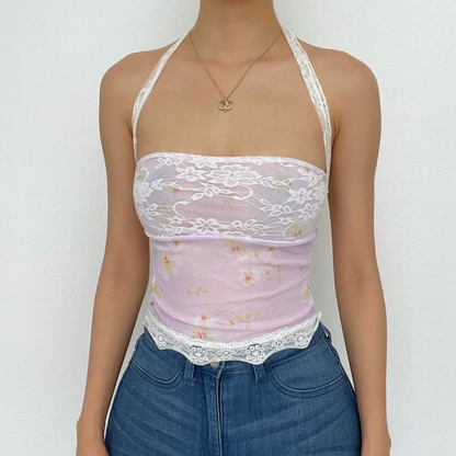 Sheer mesh lace self tie front floral print tube top