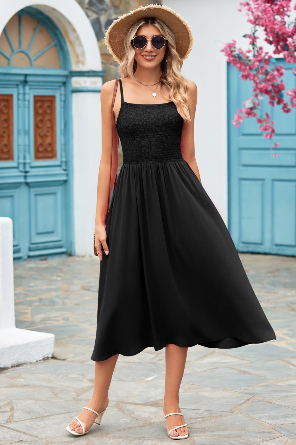 Smocked Spaghetti Strap Midi Dress Black casual dress casual dresses clothes dress dresses Mandy midi dress midi dresses Ship From Overseas