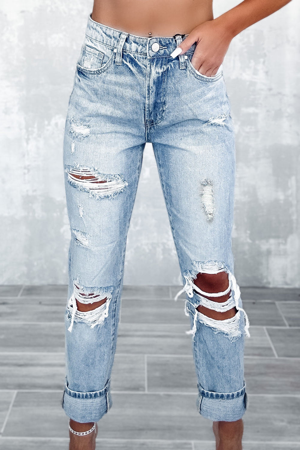 Sky Blue Light Wash Frayed Slim Fit High Waist Jeans Sky Blue 93%Cotton+5%polyester+2%Elastane All In Stock Best Sellers bottoms clothes Color Blue Craft Distressed Fabric Denim jeans pants ripped jeans Season Spring Style Western