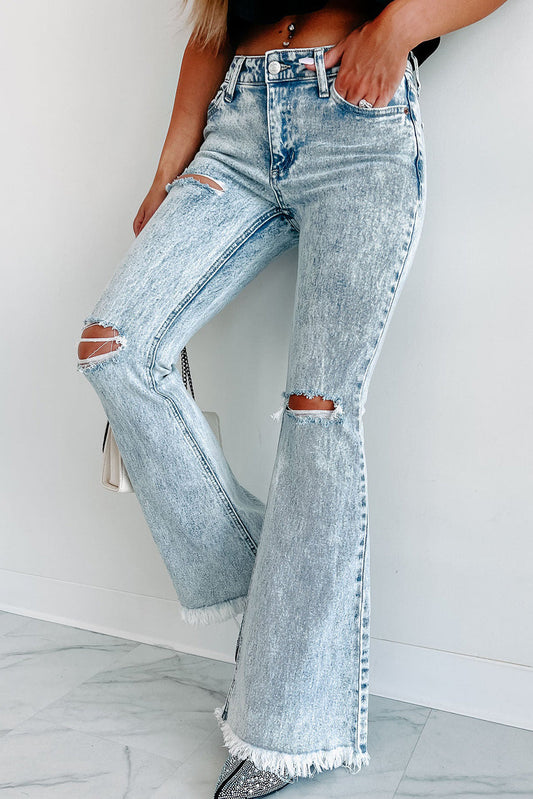 Sky Blue Distressed Acid Wash Flare Jeans Sky Blue 72%Cotton+26%Polyester+2%Elastane All In Stock bottoms clothes Flare Jeans Jeans Season Fall & Autumn Season Spring Silhouette Wide Leg Style Modern