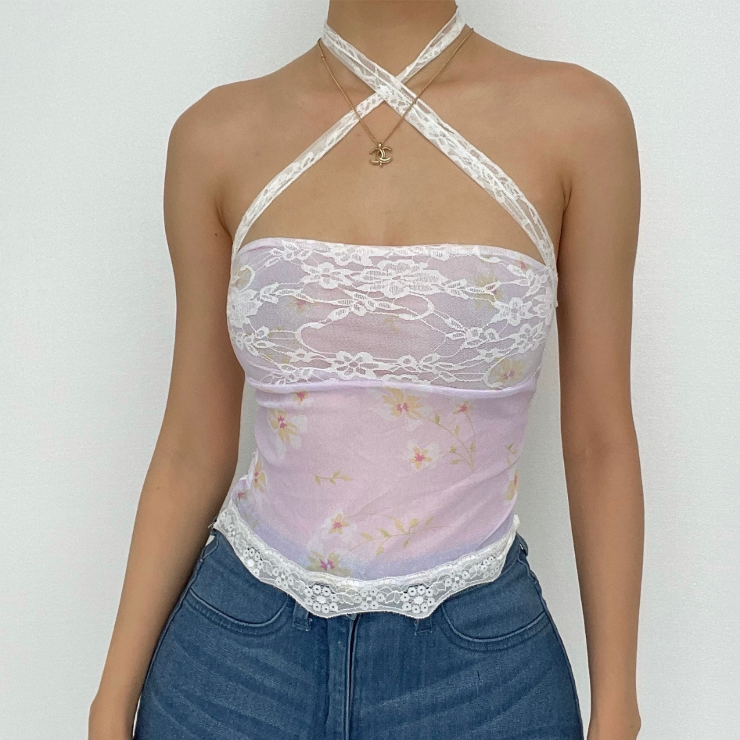 Sheer mesh lace self tie front floral print tube top