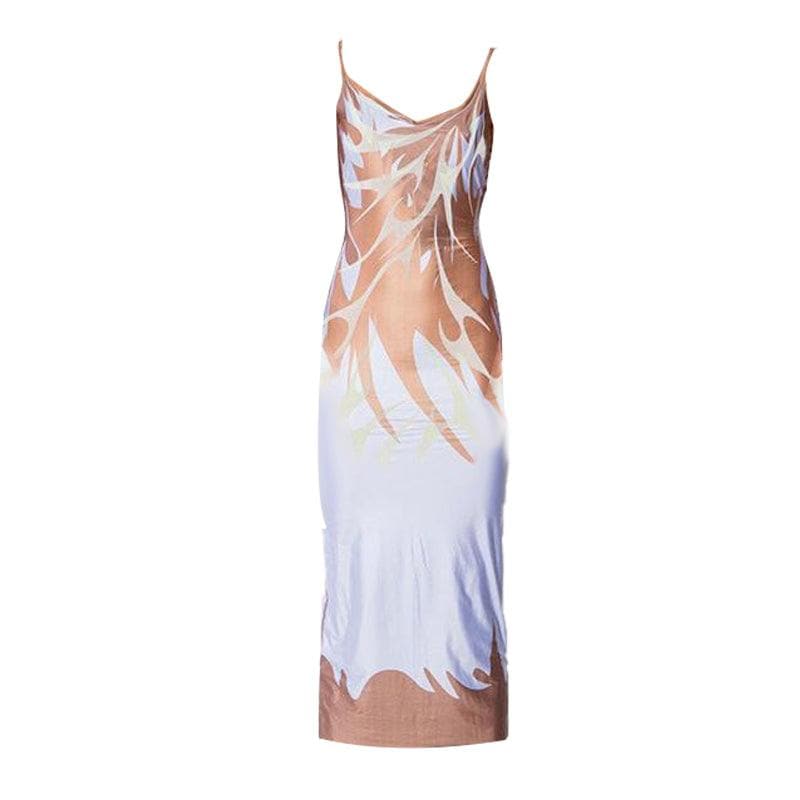 Low-cut print backless cami midi dress - Halibuy