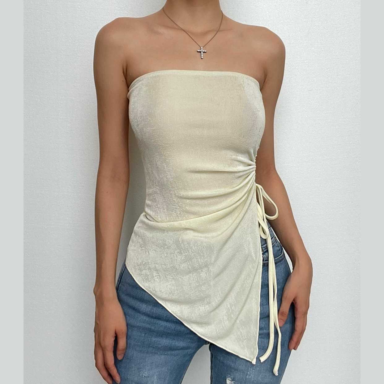 Solid ruched drawstring slit irregular tube top