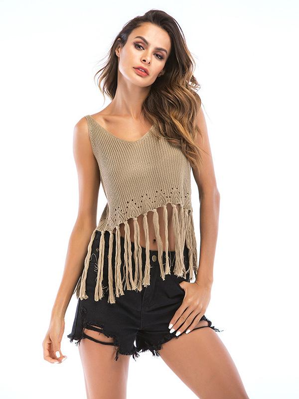 Short Style Sleeveless Fringed Top