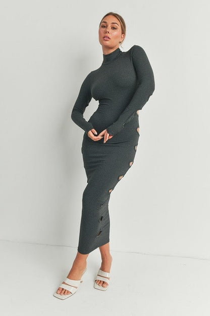 Cutout Detail Turtleneck Long Sleeve Maxi Dress