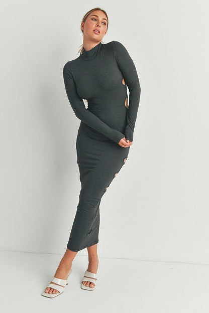 Cutout Detail Turtleneck Long Sleeve Maxi Dress