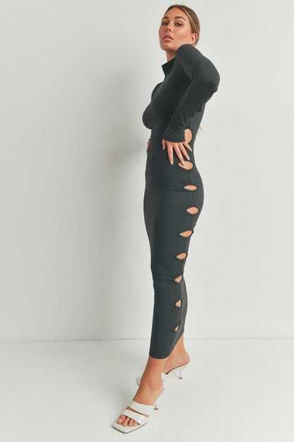 Cutout Detail Turtleneck Long Sleeve Maxi Dress