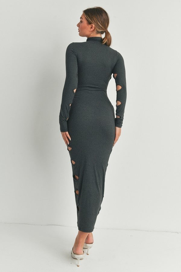 Cutout Detail Turtleneck Long Sleeve Maxi Dress