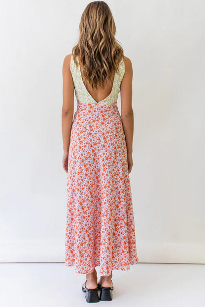 Contrast V Neck Floral Print Tie-back Dress