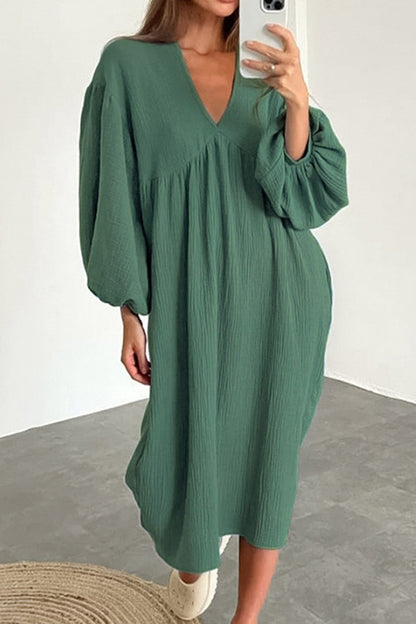 Double Crepe V Neck Puff Sleeve Loose Dress