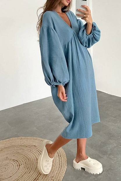 Double Crepe V Neck Puff Sleeve Loose Dress