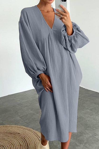 Double Crepe V Neck Puff Sleeve Loose Dress