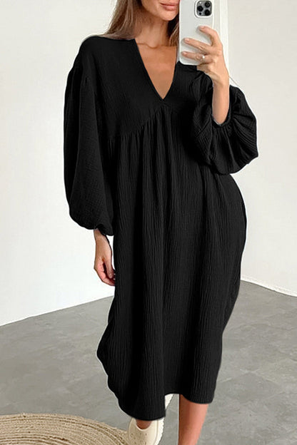 Double Crepe V Neck Puff Sleeve Loose Dress