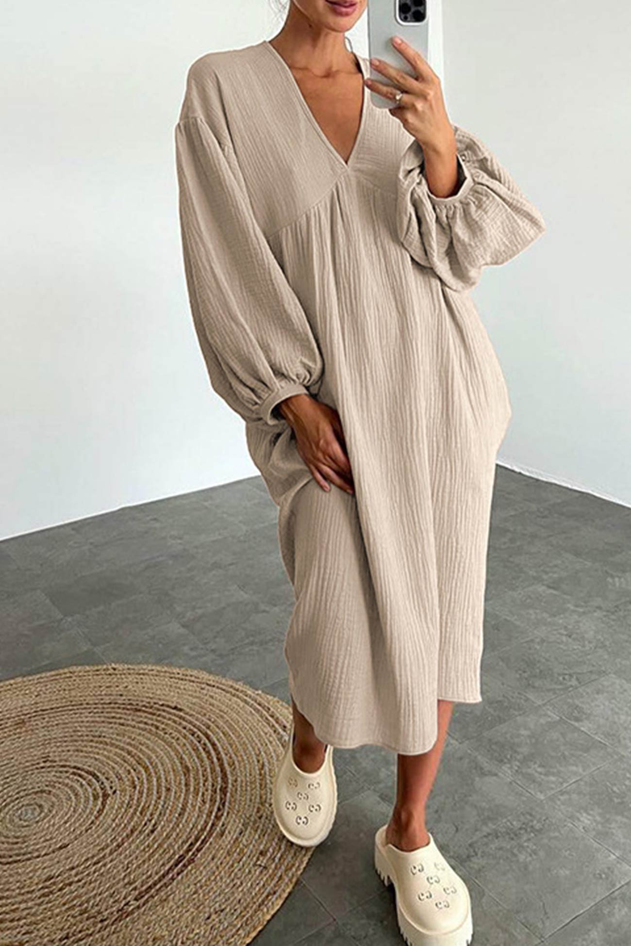 Double Crepe V Neck Puff Sleeve Loose Dress