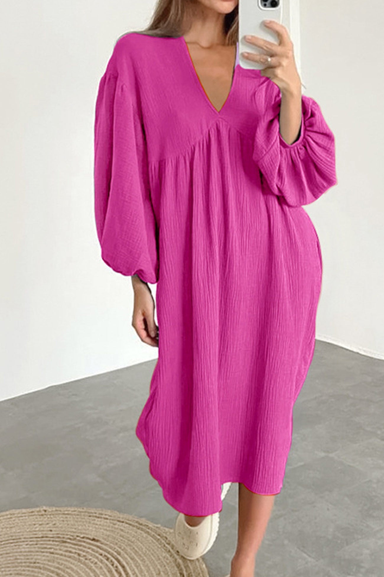 Double Crepe V Neck Puff Sleeve Loose Dress