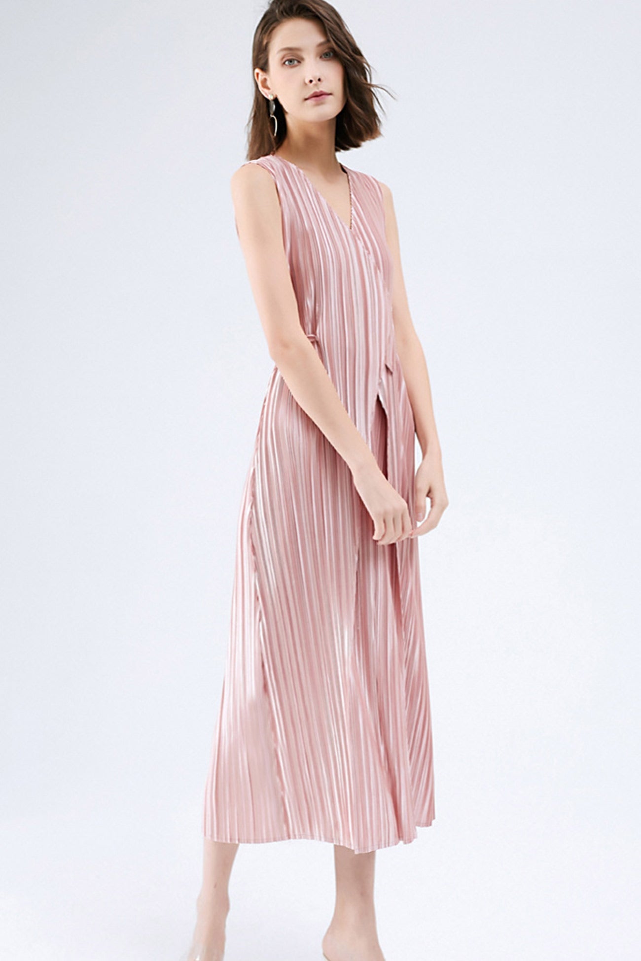 Fully Pleated Glossy Tie-Strap Dress