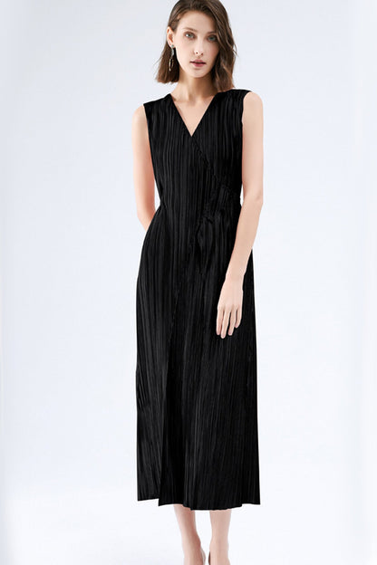 Fully Pleated Glossy Tie-Strap Dress