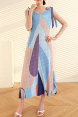 Fully Pleated Tie-Shoulder Print Dress