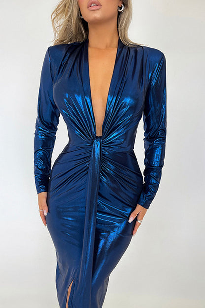 Glossy V Neck Ruched Slit Dress