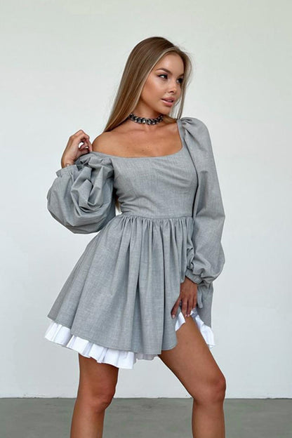 Grey High Waist A-Line Babydoll Dress