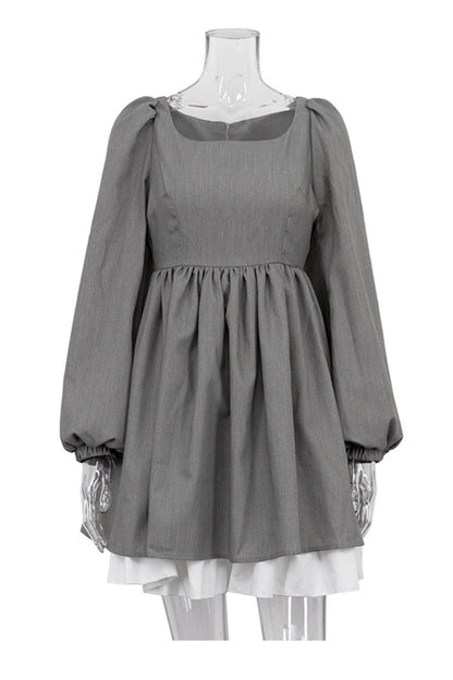 Grey High Waist A-Line Babydoll Dress