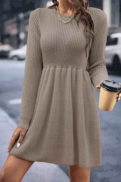 Solid Color Shirring Long Sleeve Knitted Dress