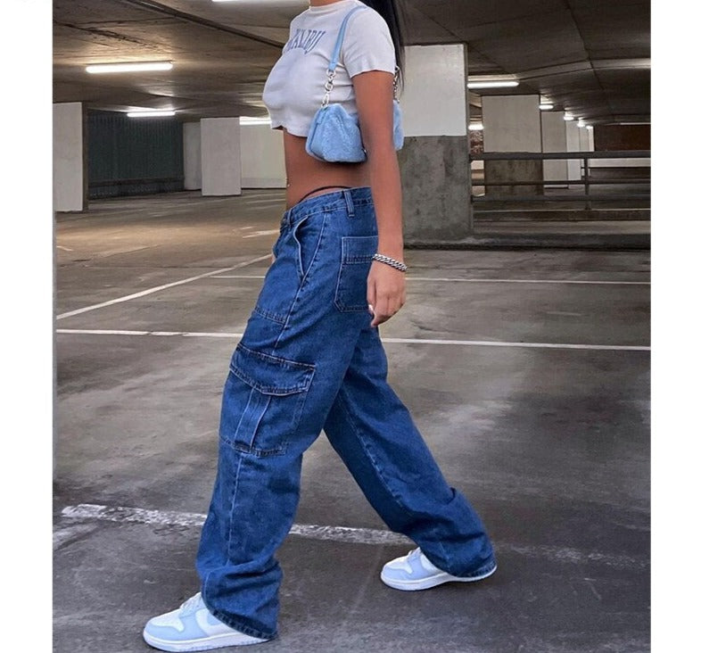 CityHottie - Y2k Cargo Pants Women's Jeans New Fashion Baggy Jeans Denim Overalls 90s Low Rise Pocket Straight Leg Trousers Streetwear