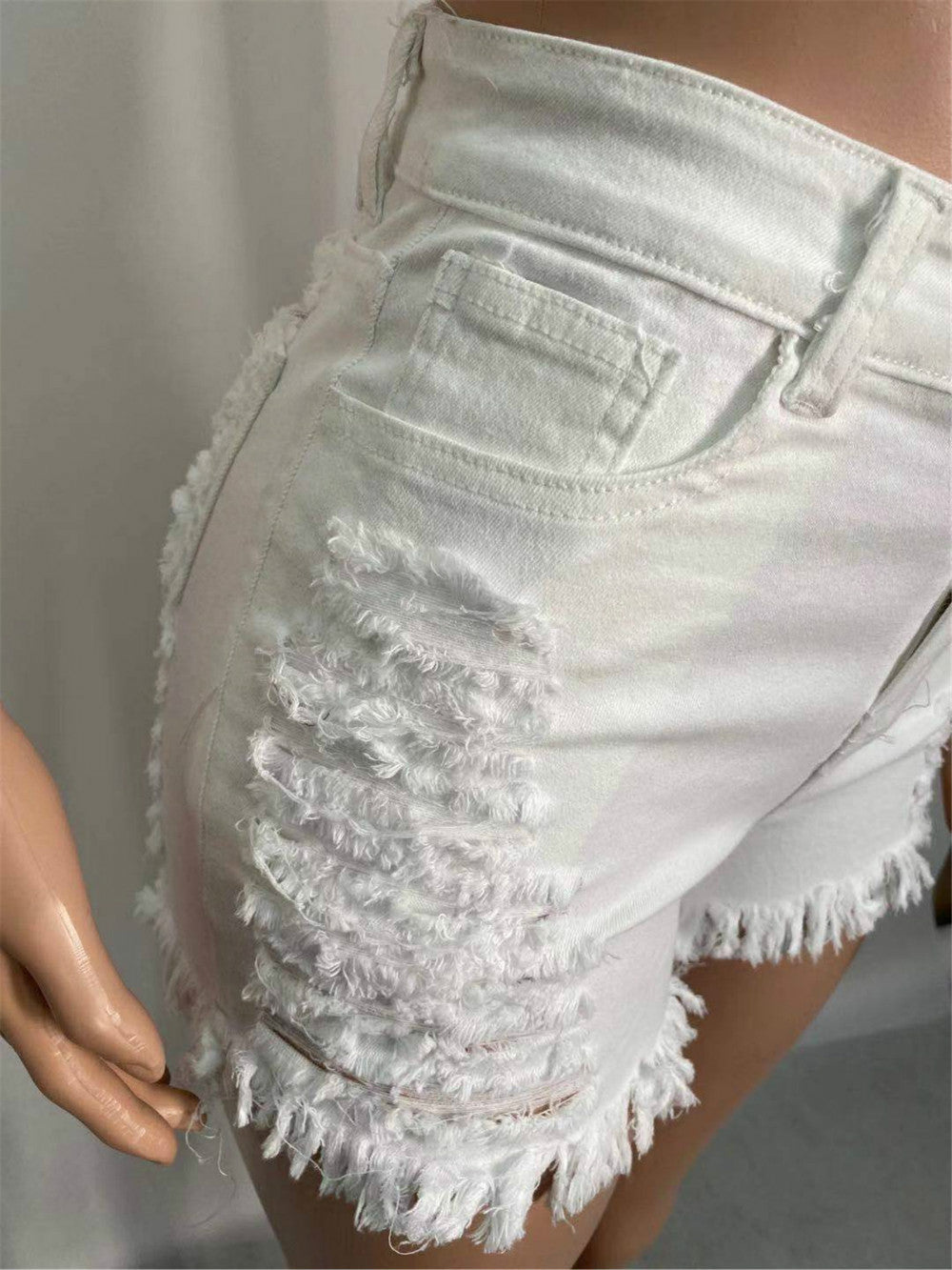 CityHottie - New Summer Ripped Hole Hollow Out Jeans For Women High Waist Sexy Tassels Cut Open Button Slim Denim Shorts Pants