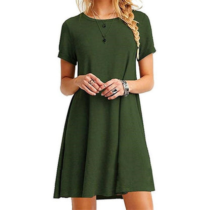 CityHottie - Women Female Short Sleeve Loose Mini Short A-line Dresses Summer Beach Casual Dress Candy Color S-XXL