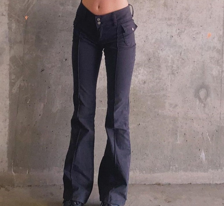 CityHottie - Indie Aesthetics Slim Low Waist Flare Pants E-girl Vintage Pockets Solid Y2K Pants Autumn 90s Fashion Black Trousers