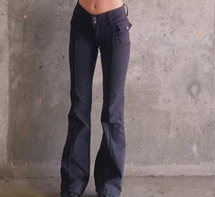 CityHottie - Indie Aesthetics Slim Low Waist Flare Pants E-girl Vintage Pockets Solid Y2K Pants Autumn 90s Fashion Black Trousers