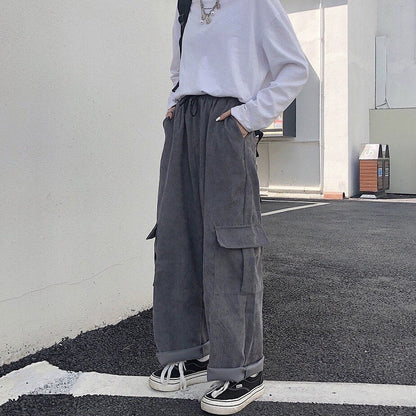 CityHottie - Summer Outfits Trends Women's Cargo Pants Corduroy Wide Leg Pocket Jogger Trousers Autumn Winter Casual Loose Streetwear Harajuku Harem Pant Females