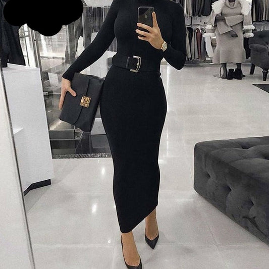 CityHottie - Turtleneck Long Dress Autumn Winter Muslim Elegant Office Lady Skinny Long Sleeve Bodycon Casual Dress Women Midi Clubwear GV464