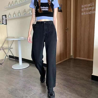 CityHottie - Spring Y2K European and American street simple printing low-waist button jeans women casual loose and thin wide-leg straight-leg pants