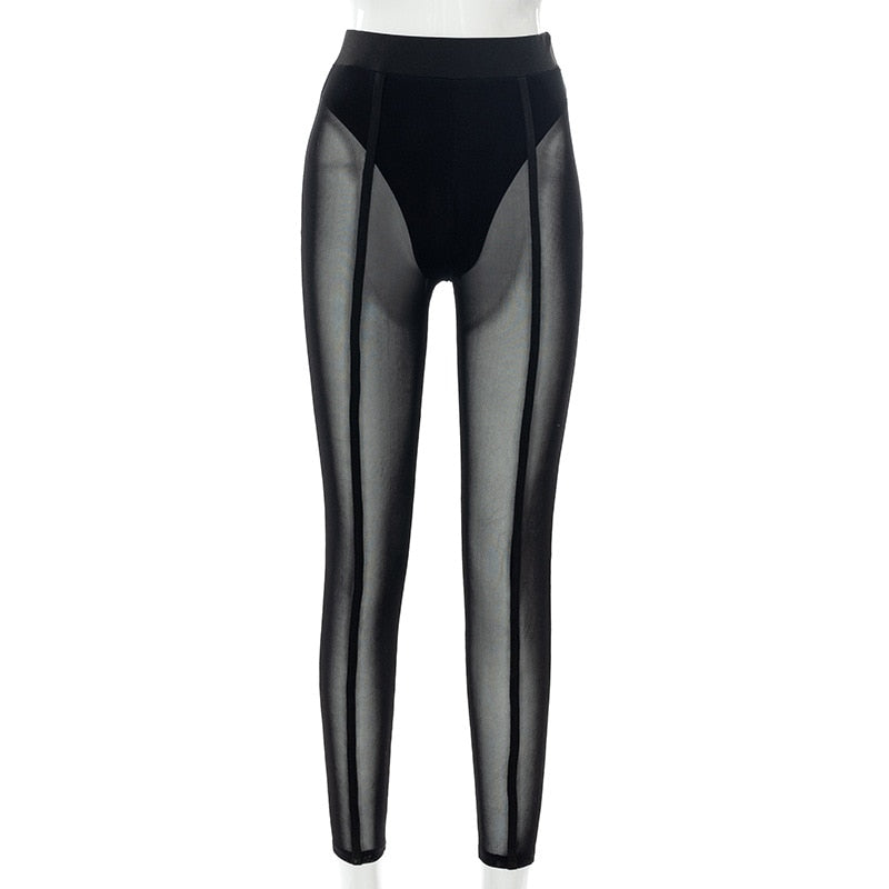 CityHottie - New Sexy See-through Black High Waist Long Trousers Casual Sweatpants Women Autumn Elastic Pencil Pants Mesh Leggings