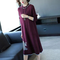 CityHottie - Trends high quality New Year Women's Autumn/Winter Long Sleeve Knitted Wool Dress Loose High Collar Knee-Length Dress Slim Casual Dress Party Dress