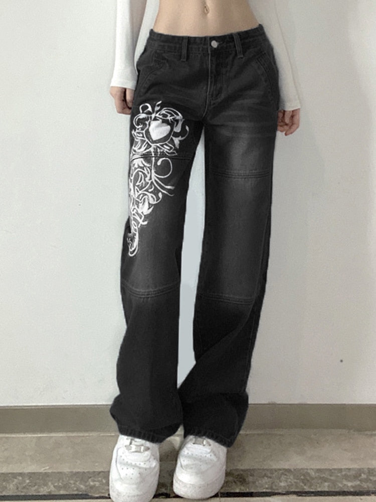 CityHottie - New Printed Baggy Y2K Jeans Women's Low Waist jeans Autumn Winter Oversize Wide Leg Baggy Pants Casual Cargo Trousers