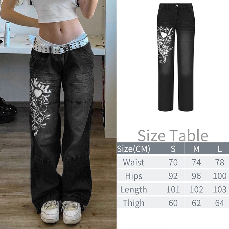 CityHottie - New Printed Baggy Y2K Jeans Women's Low Waist jeans Autumn Winter Oversize Wide Leg Baggy Pants Casual Cargo Trousers